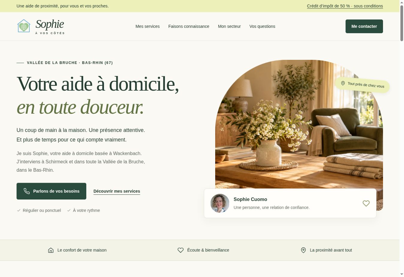 Page d’accueil du site Sophie à vos côtés, aide à domicile dans la vallée de la Bruche